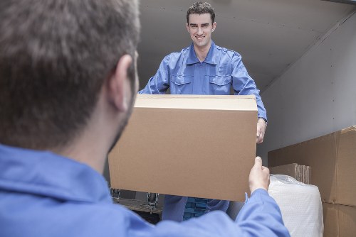 Commercial furniture and equipment being prepared for an office move