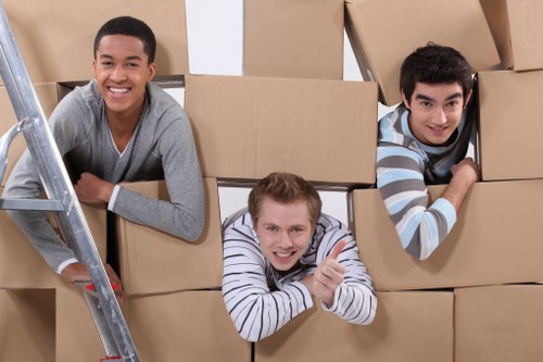 Boxes and furniture being loaded into a removal truck